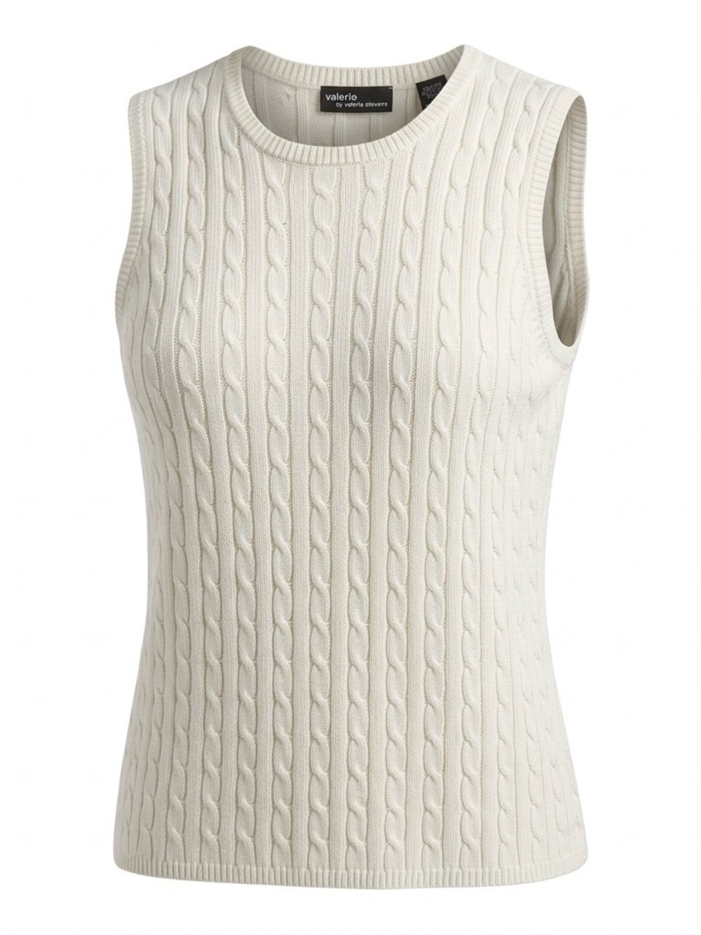 Vintage 90s Y2K Crew-Neck Cable Knit Cream Oat Silk Blend Sleeveless Tank Top